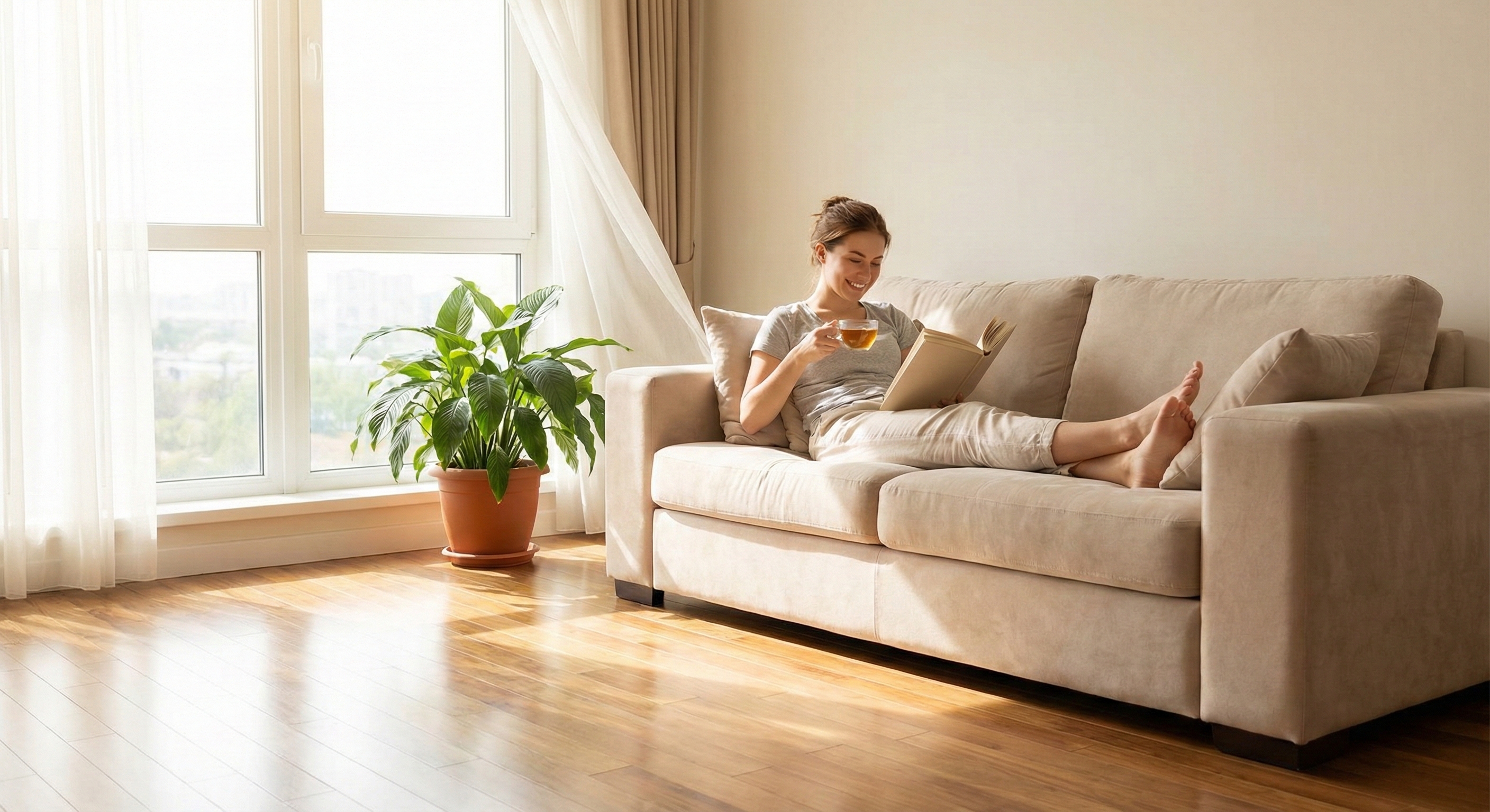 Family relaxing in clean living room